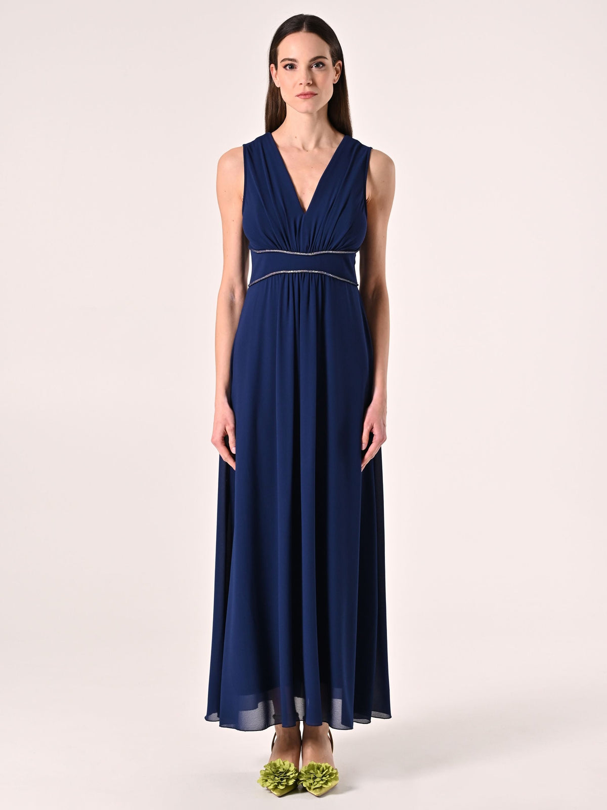 Abito Blu Lungo con Piping Strass