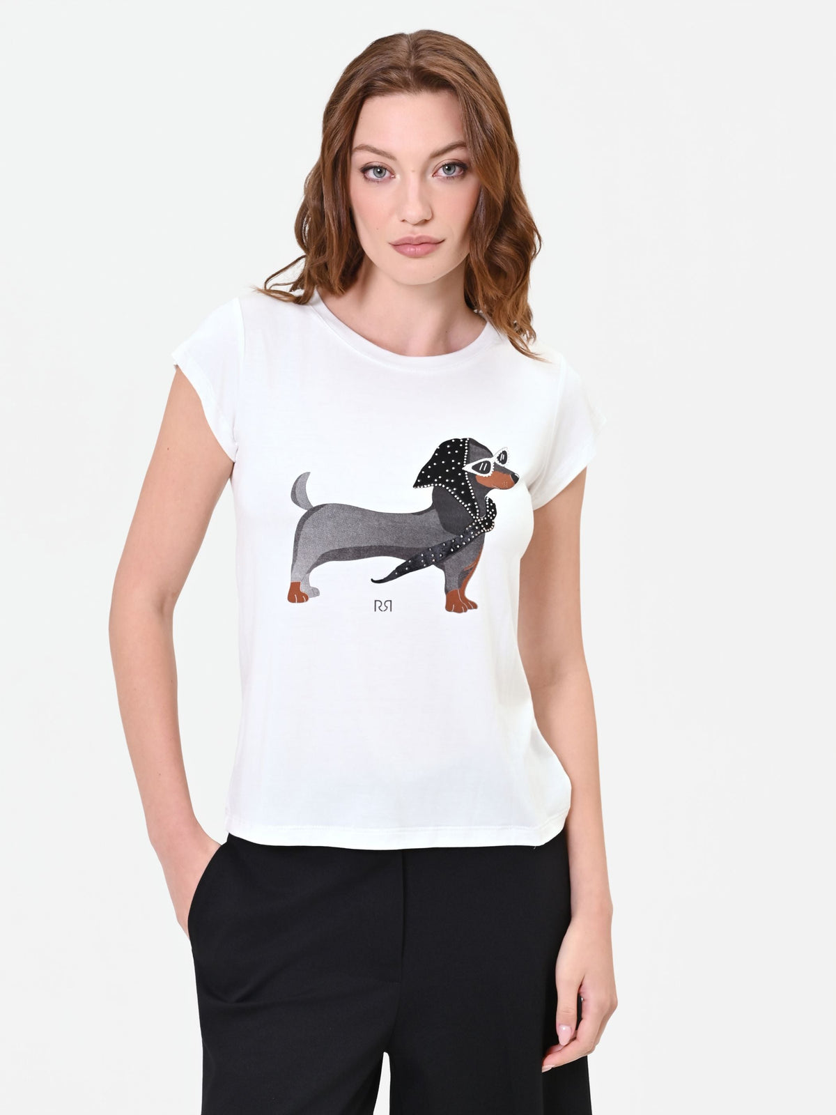 T-shirt panna con stampa bassotto