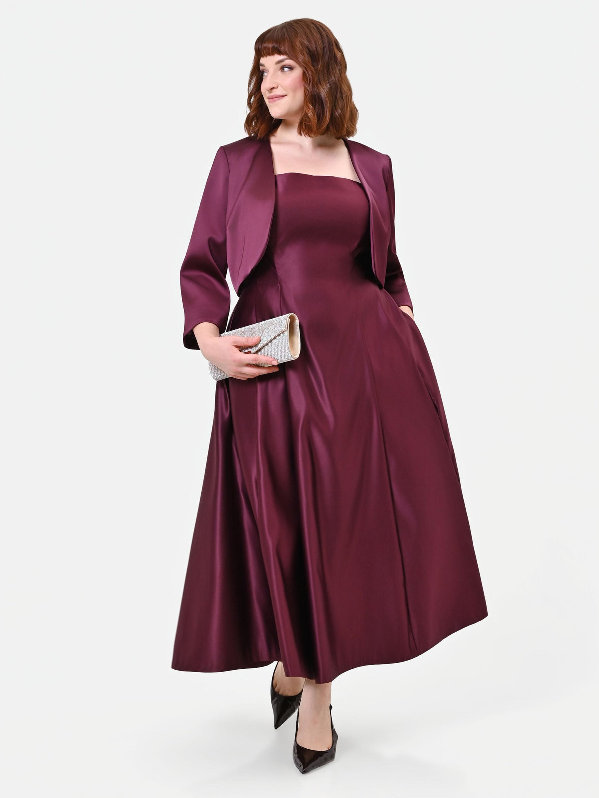 Abito Curvy bordeaux rosso in raso