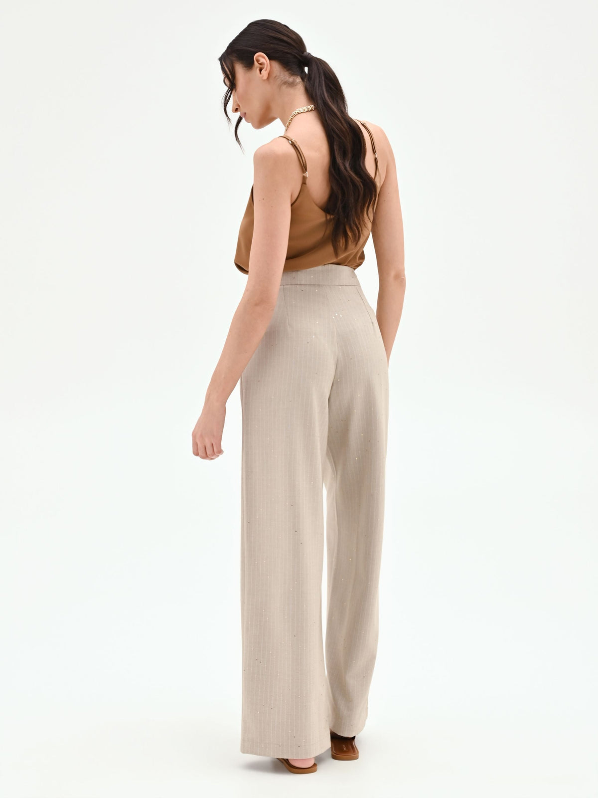 Pantalone palazzo beige gessato con punti luce