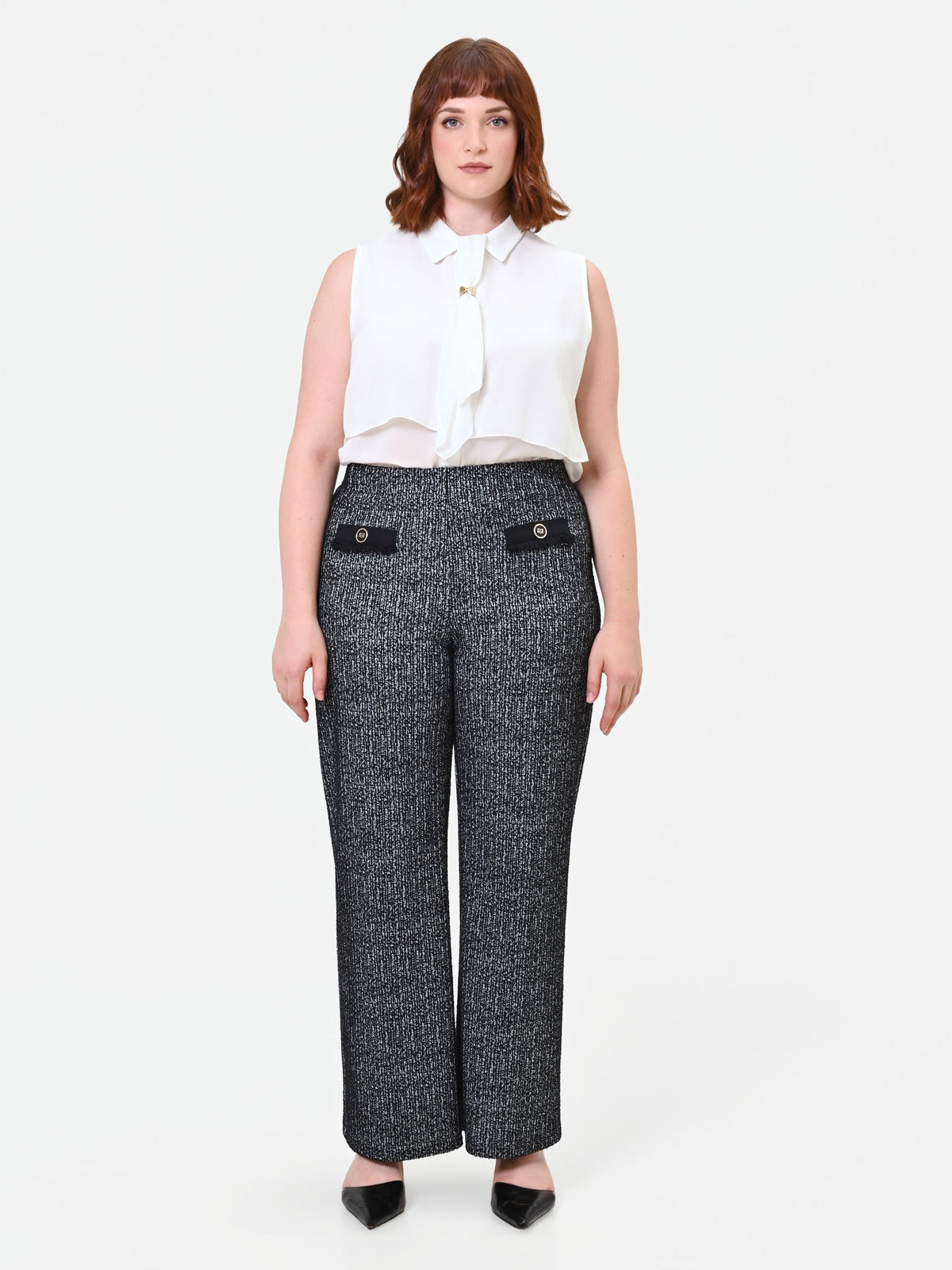 Pantalone Curvy nero a gamba dritta in tessuto boucle