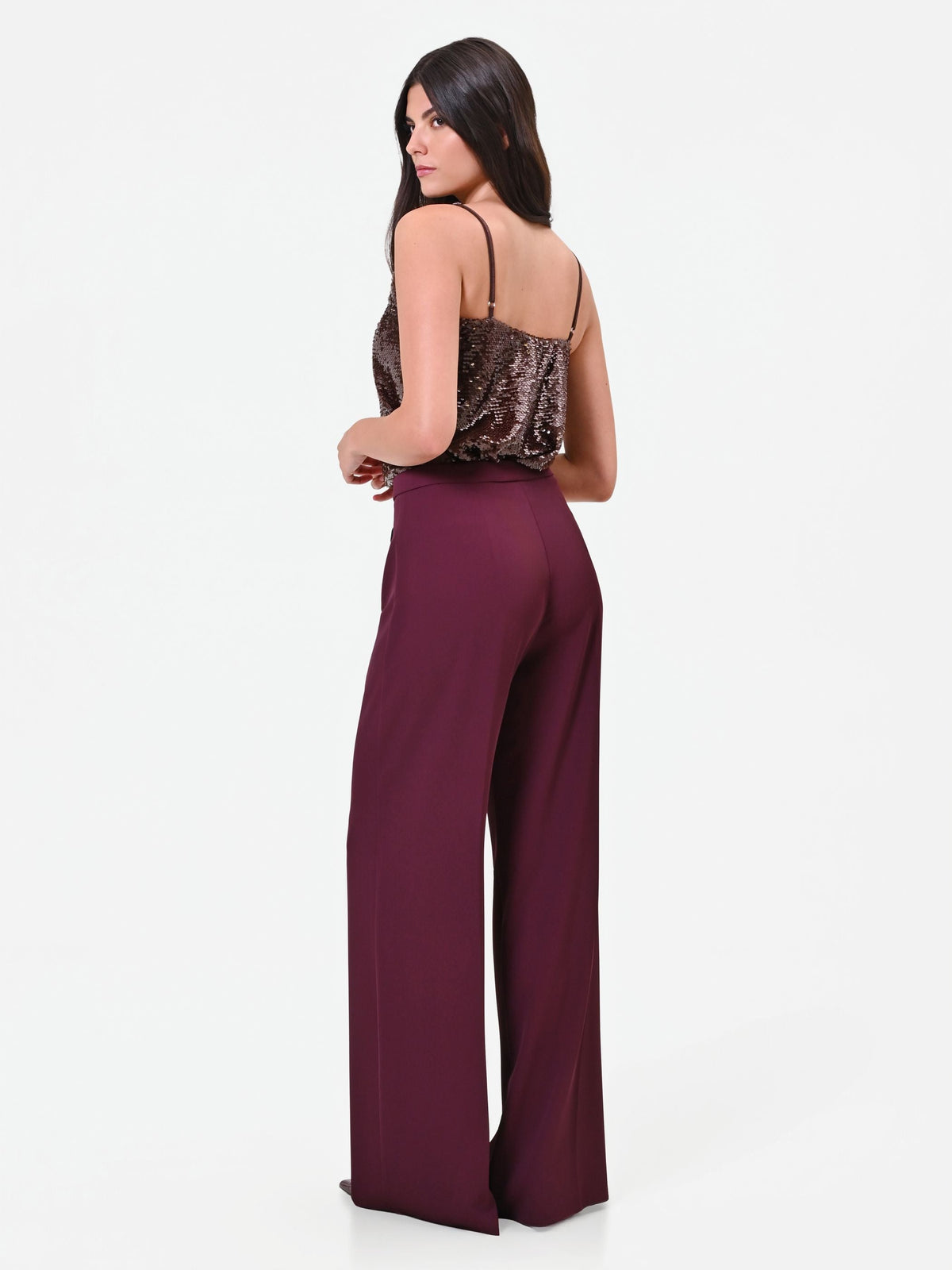 Pantalone palazzo bordeaux con bottone piatto in cadi