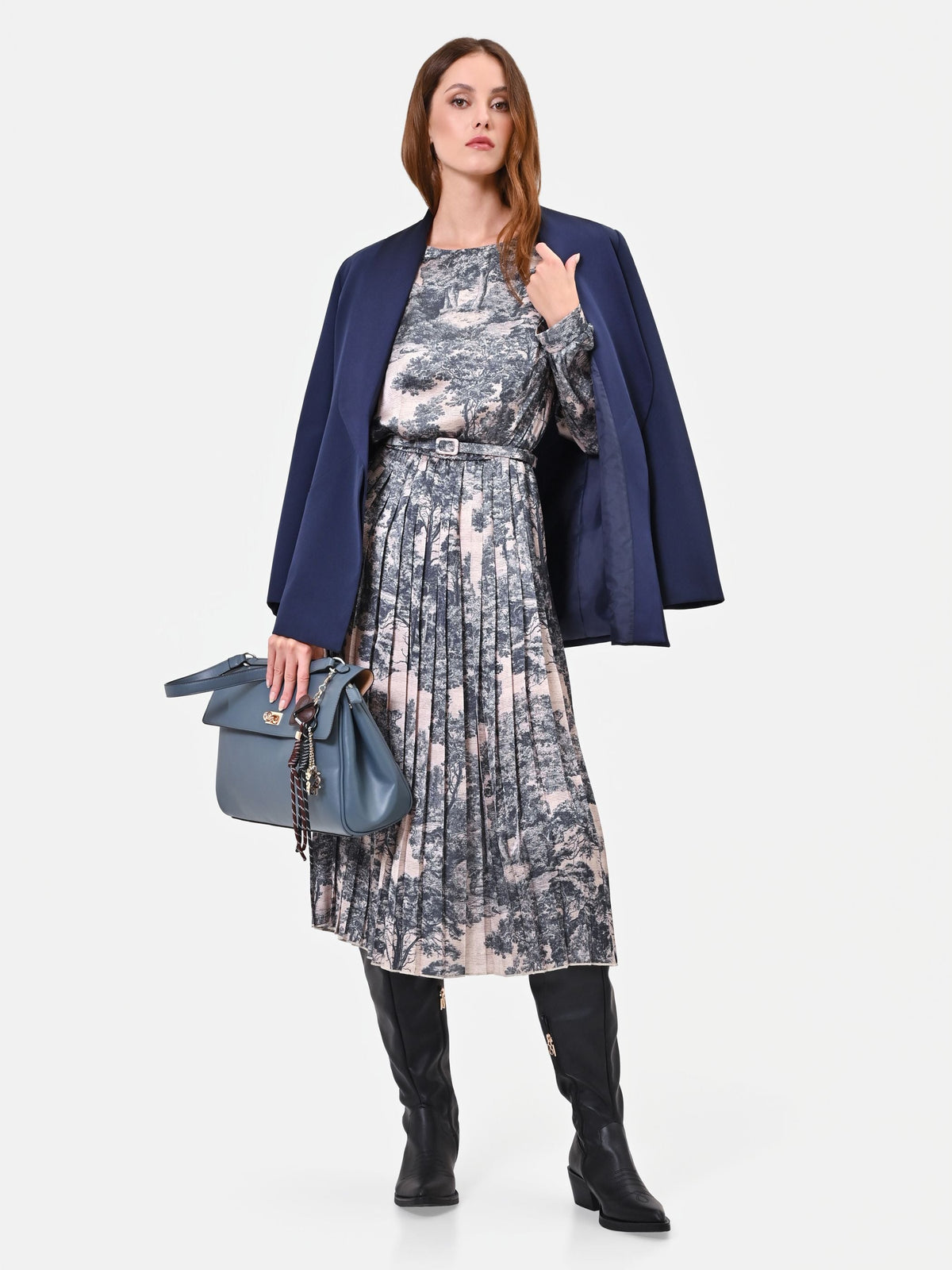 Abito midi grigio toile de jouy con gonna plissettata