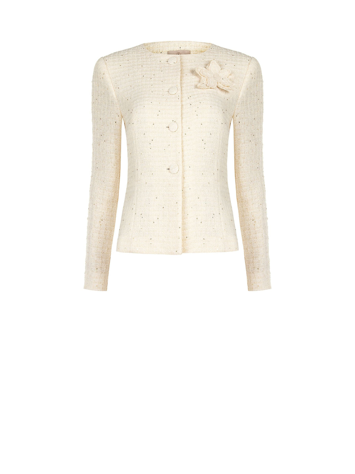 Giacca bouclé beige chiaro con fiore applicato