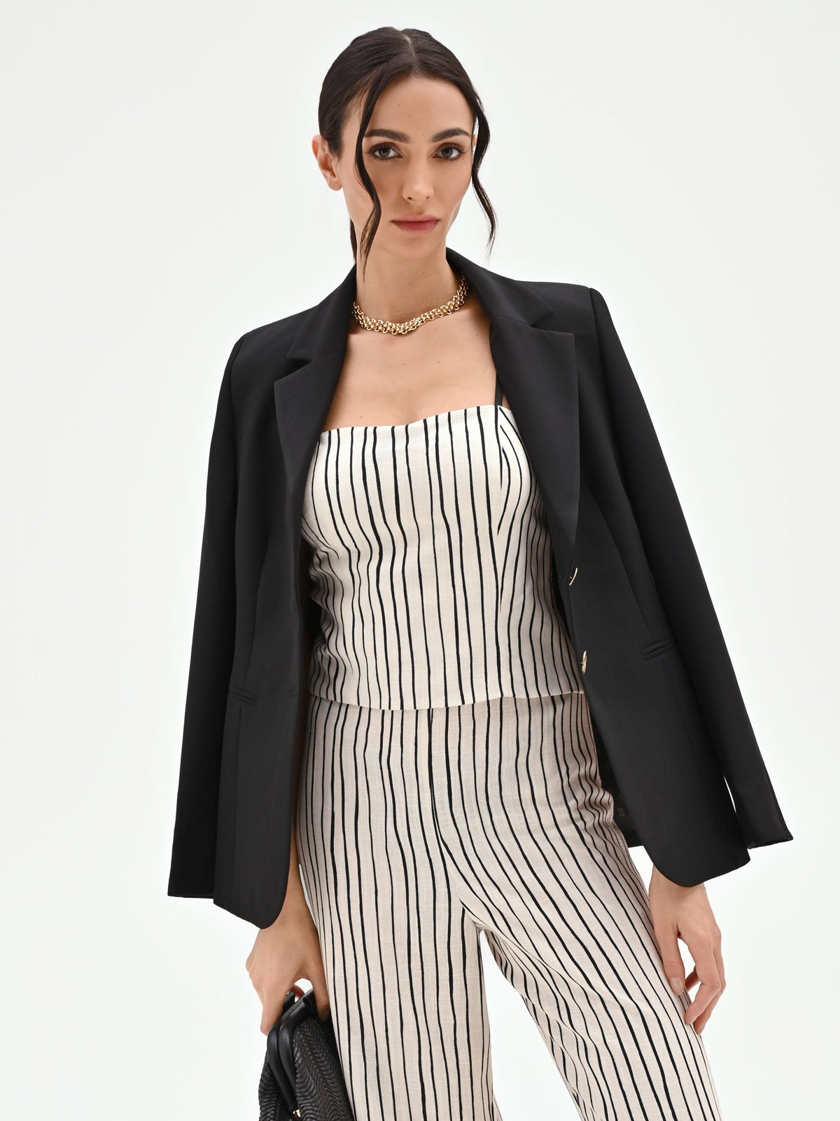Top in lino panna con fantasia a righe