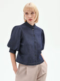 Camicia con maniche a sbuffo in denim blu scuro