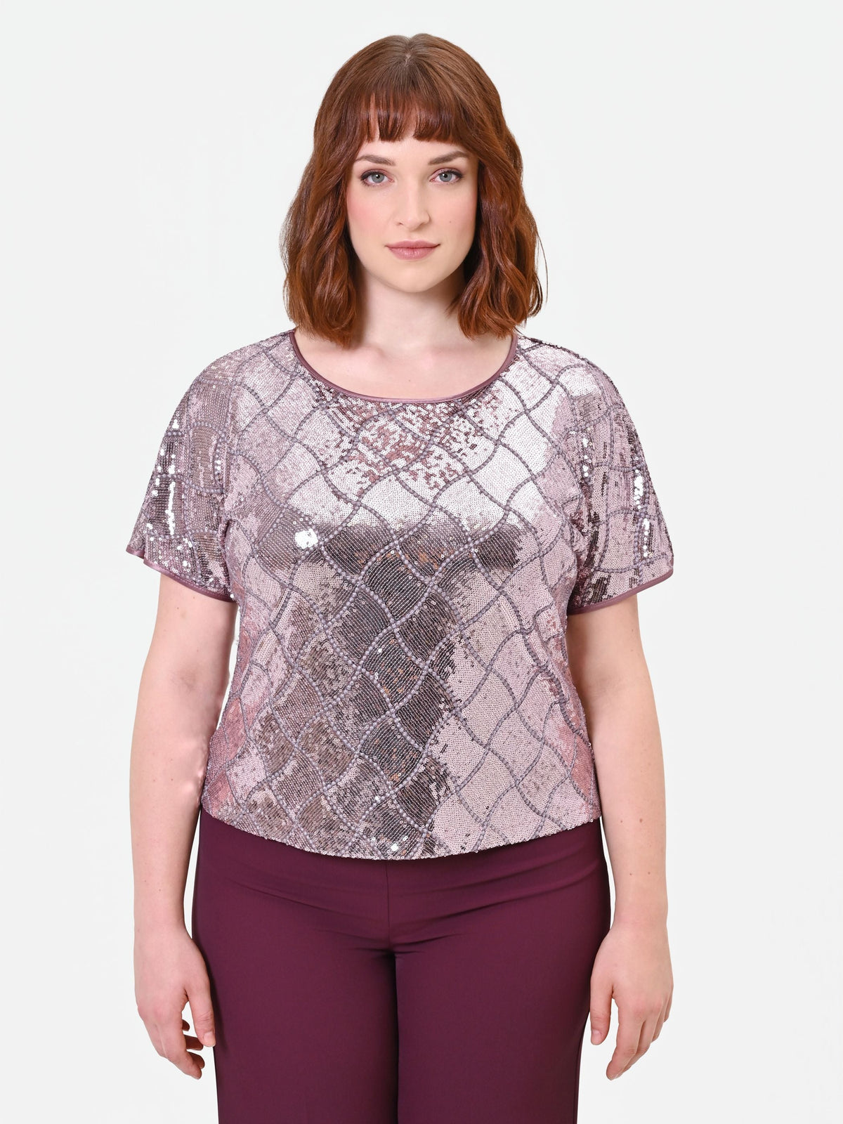 Blusa Curvy manica corta in paillettes rosa antico