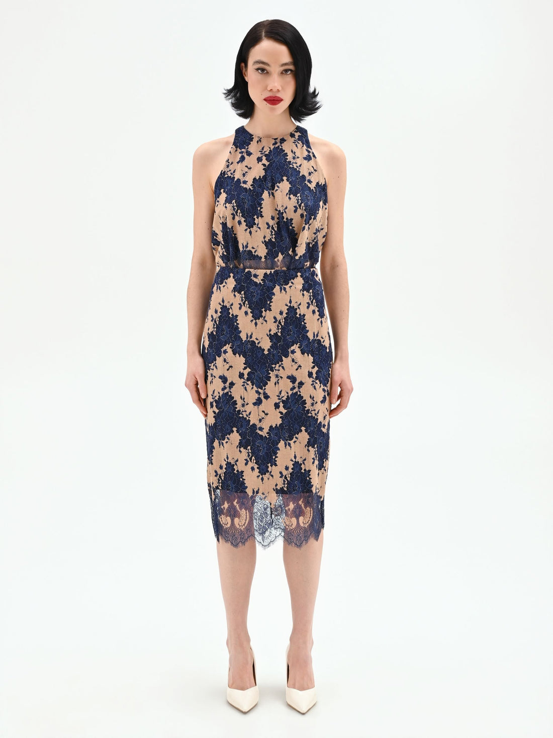 Gonna tubino blu in pizzo macramé bicolore