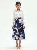 Gonna midi svasata in duchesse a fiori blu brillante