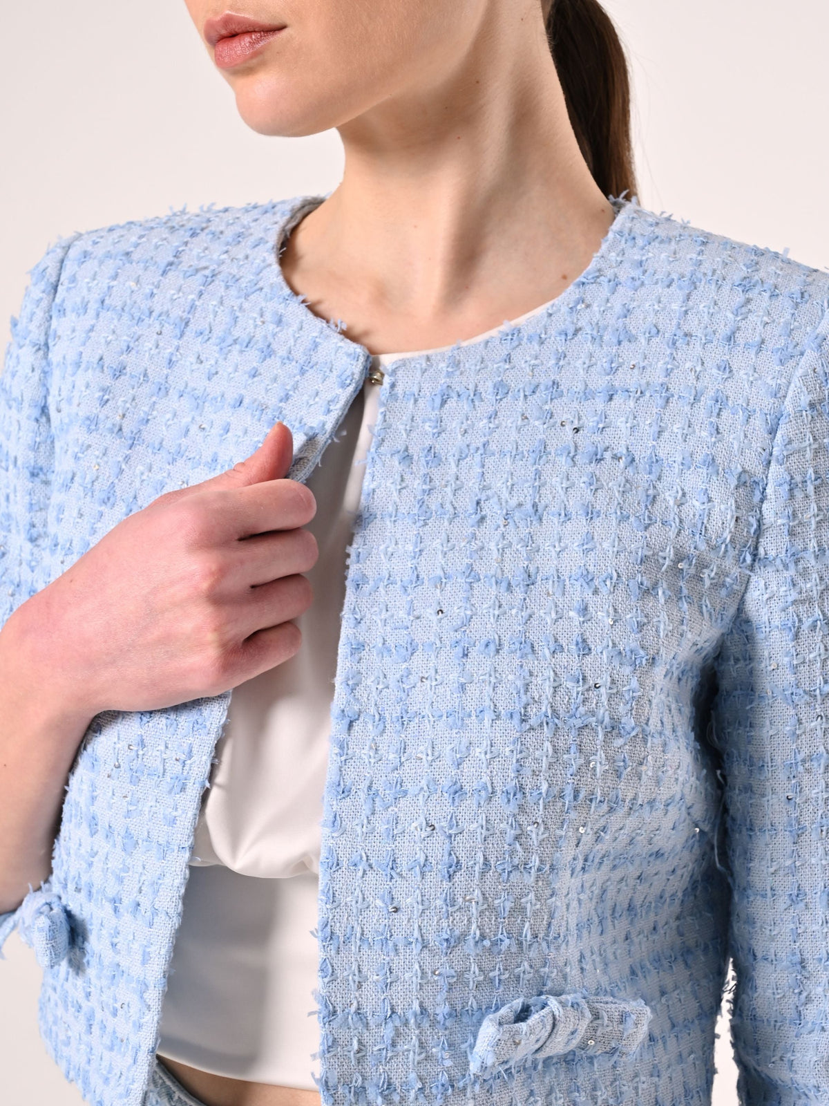 Giacca Azzurra in Tweed con Micro Paillettes