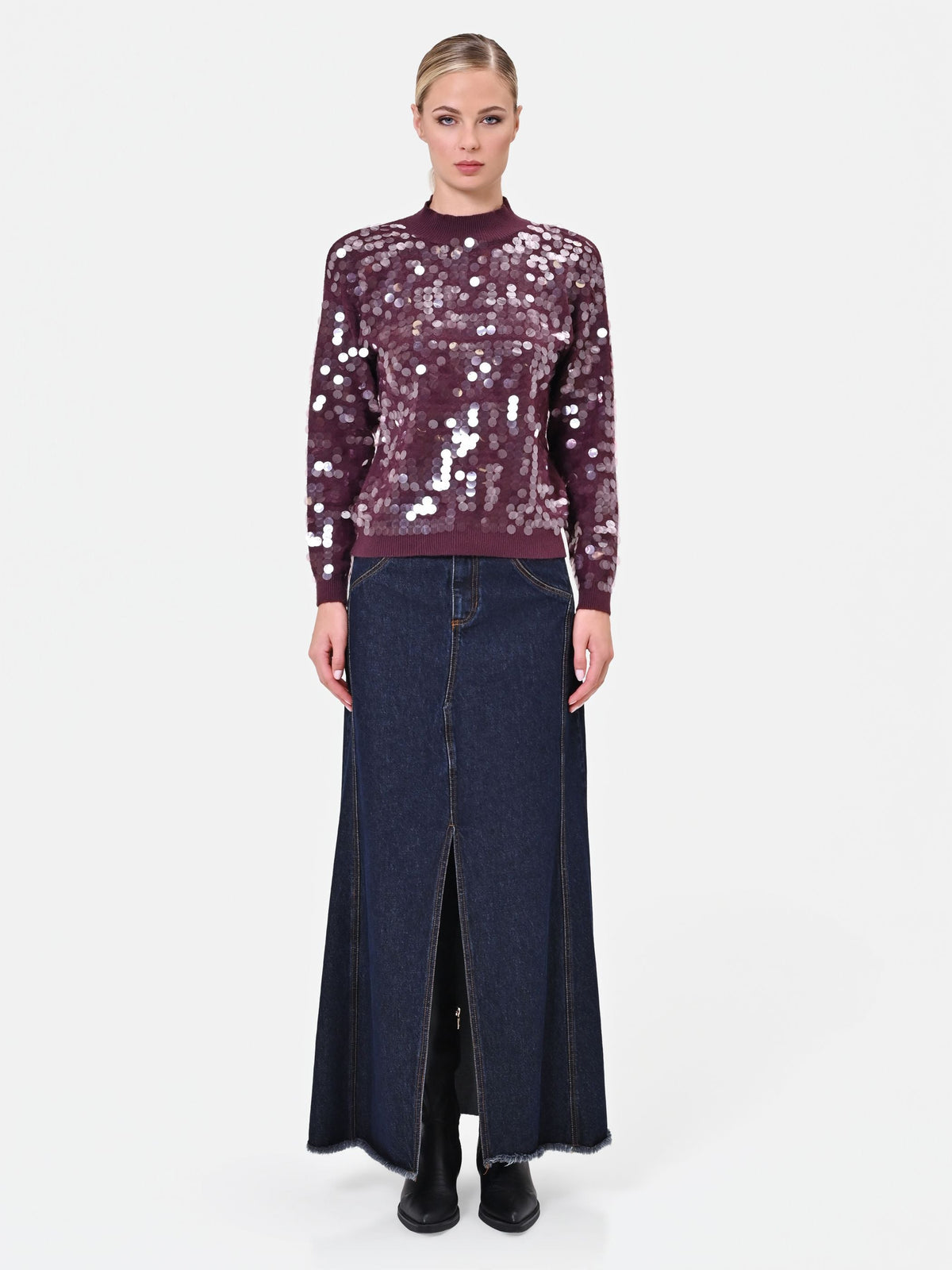 Maglia in viscosa bordeaux con paillettes