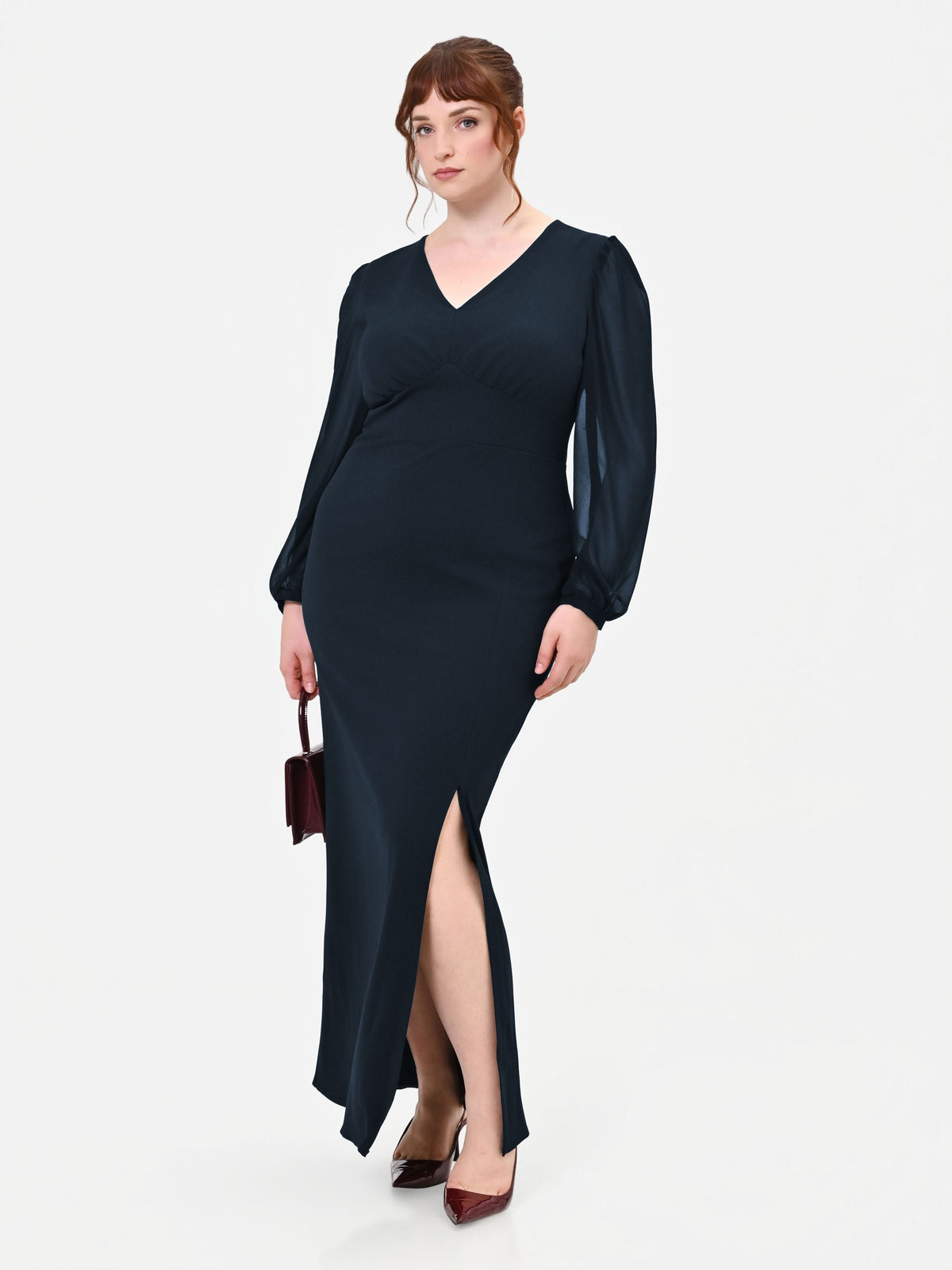 Abito Curvy lungo blu navy con maniche velate