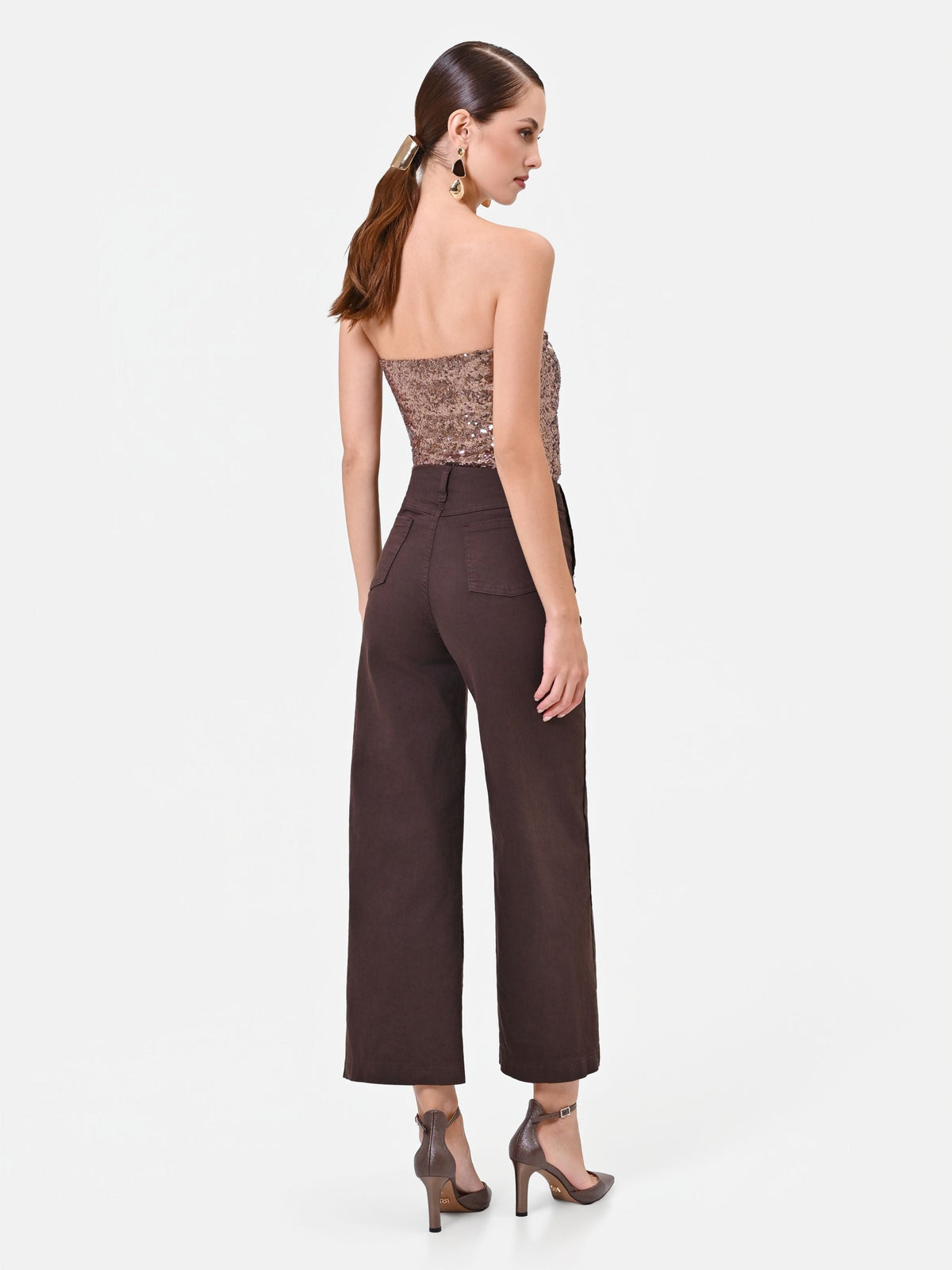 Pantaloni cropped moro con bottoni dorati