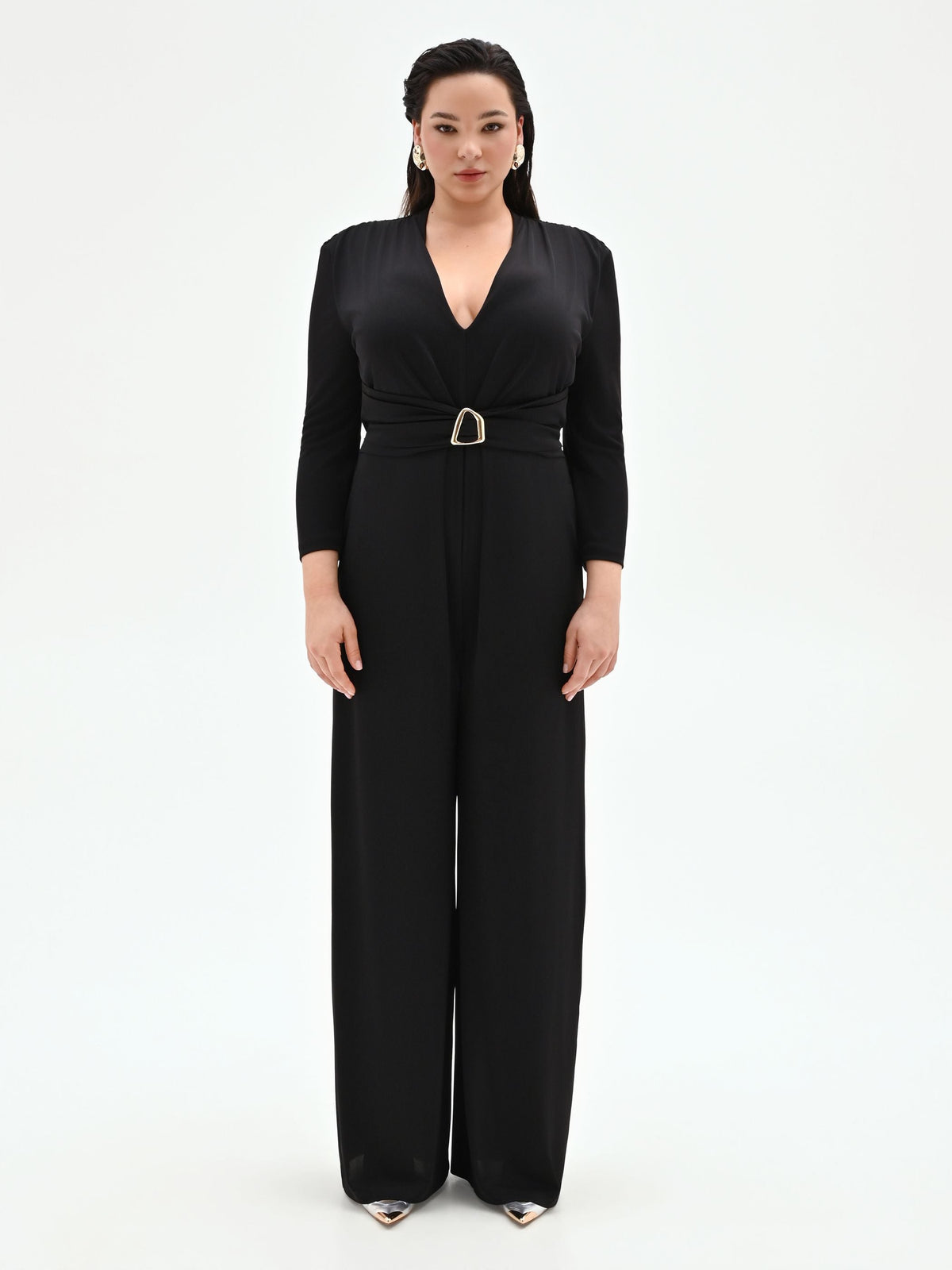 Tuta nera Curvy palazzo in jersey fluido