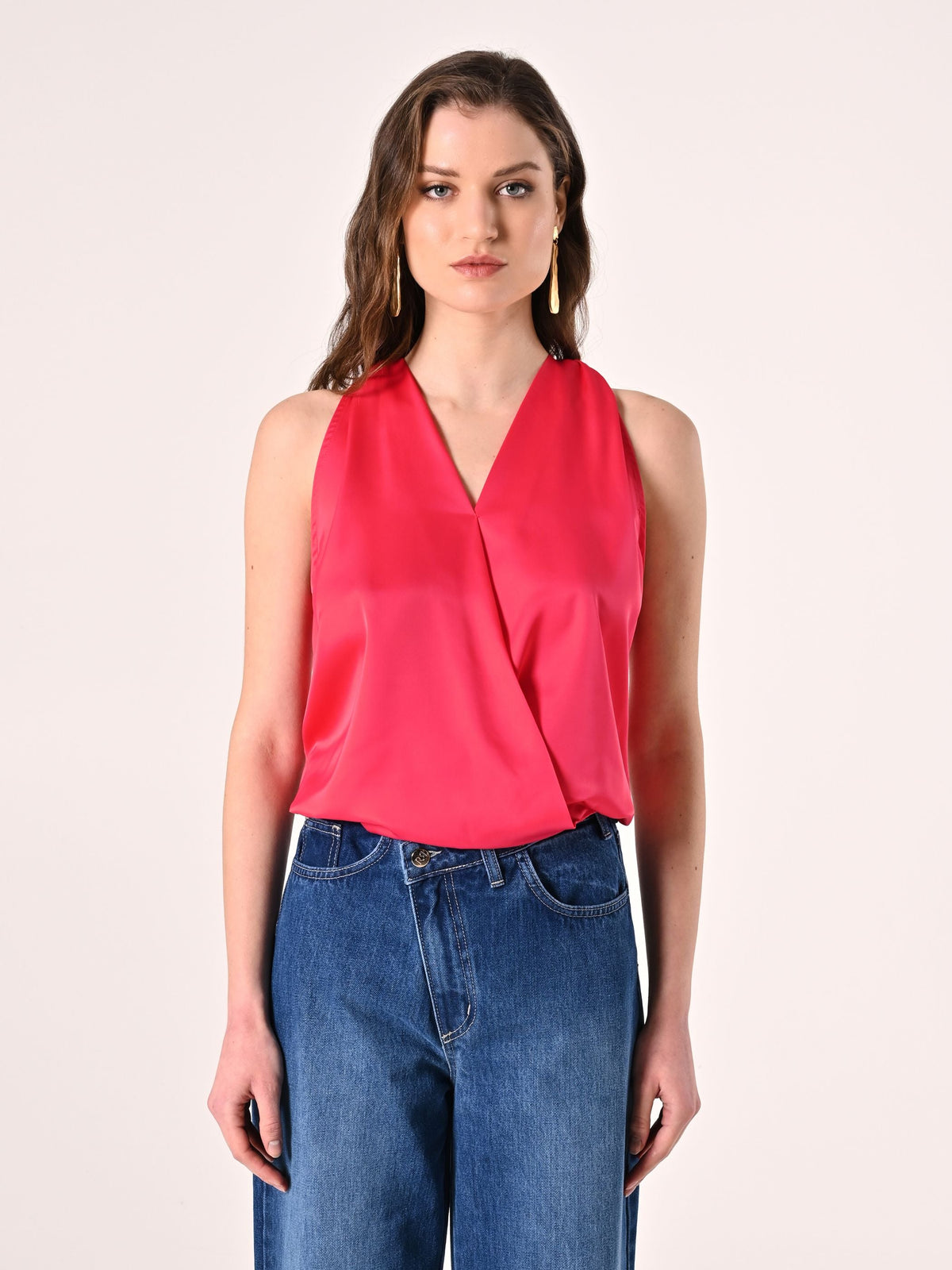 Top Fuxia in Raso con scollo all'Americana