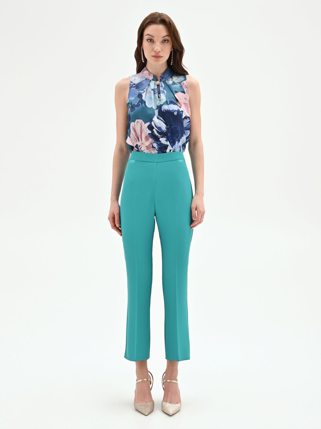 Pantalone turchese slim azzurro a vita alta