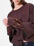 Felpa marrone con manica doppia in paillettes