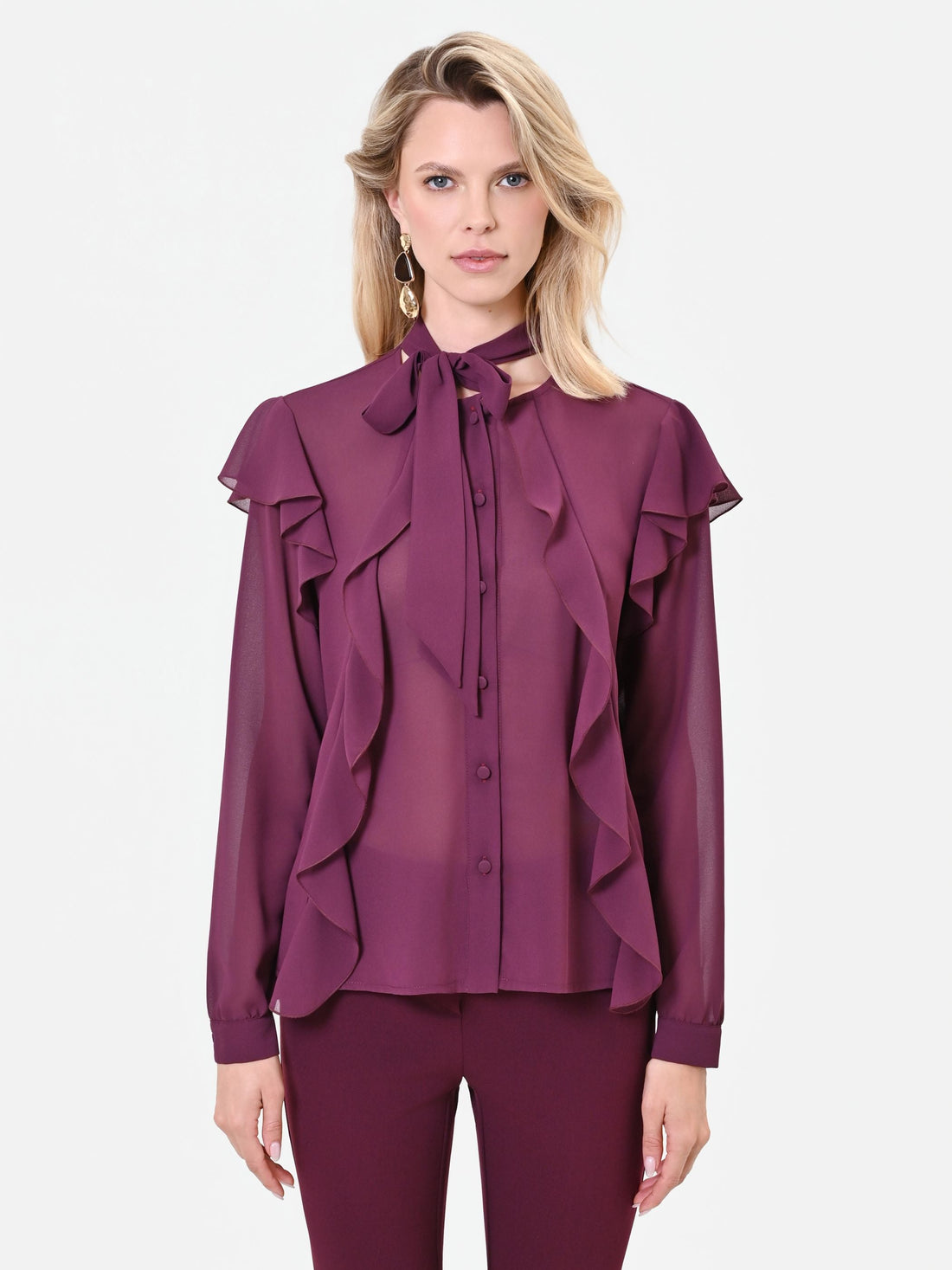Blusa bordeaux rosso con fiocco e rouches