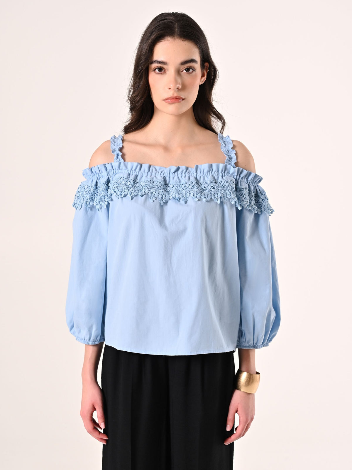 Blusa Azzurra off the Shoulders con Inserto in Pizzo