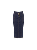 Gonna tubino blu navy in denim con bottoni dorati
