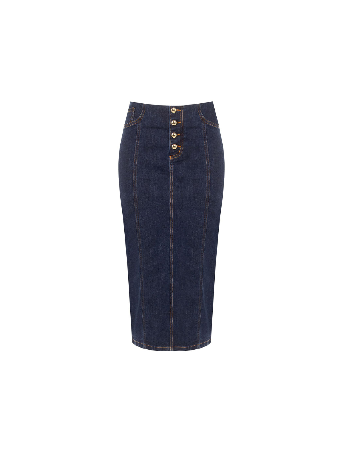 Gonna tubino blu navy in denim con bottoni dorati