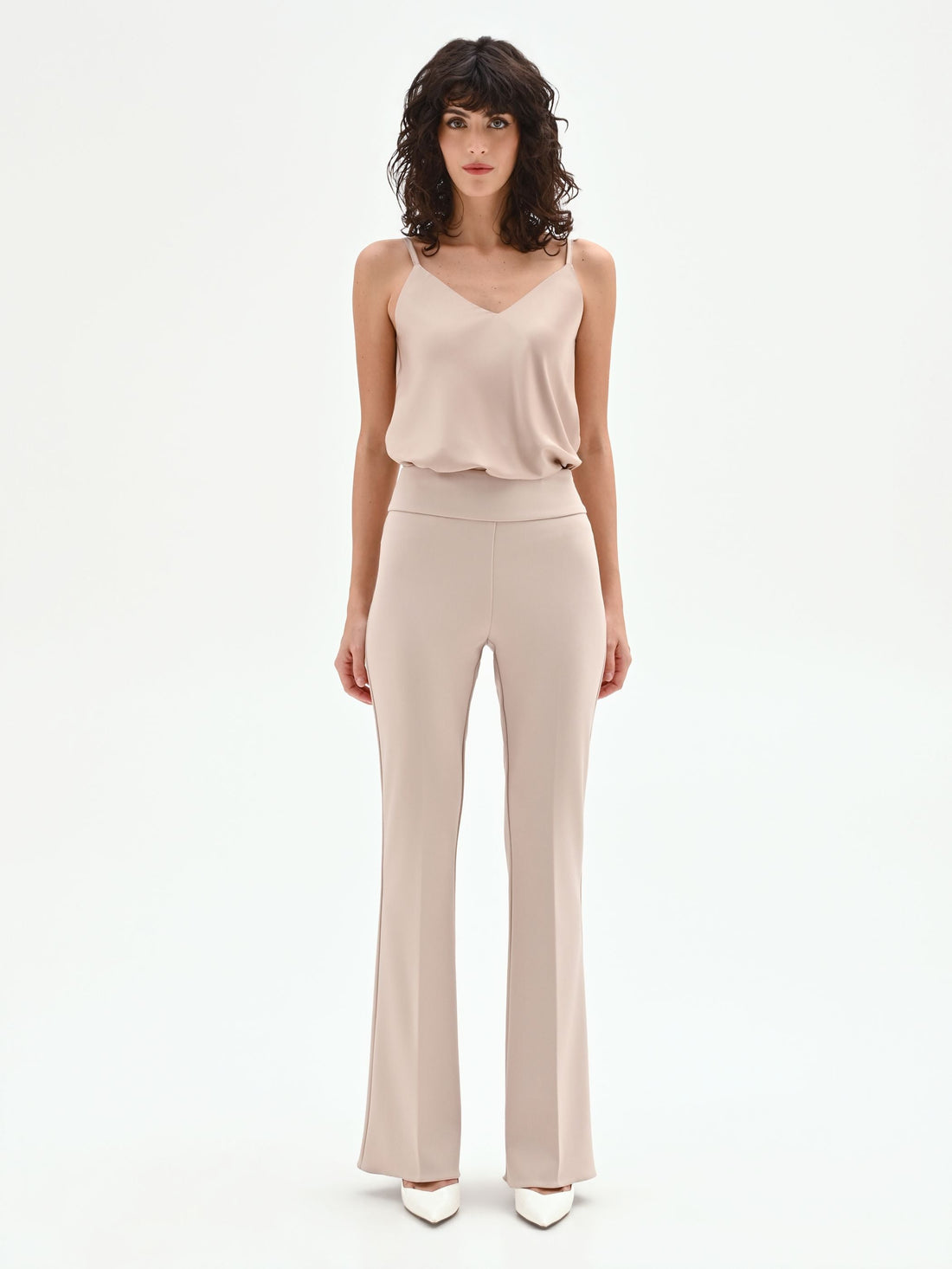Pantalone a zampa tortora beige in scuba crèpe