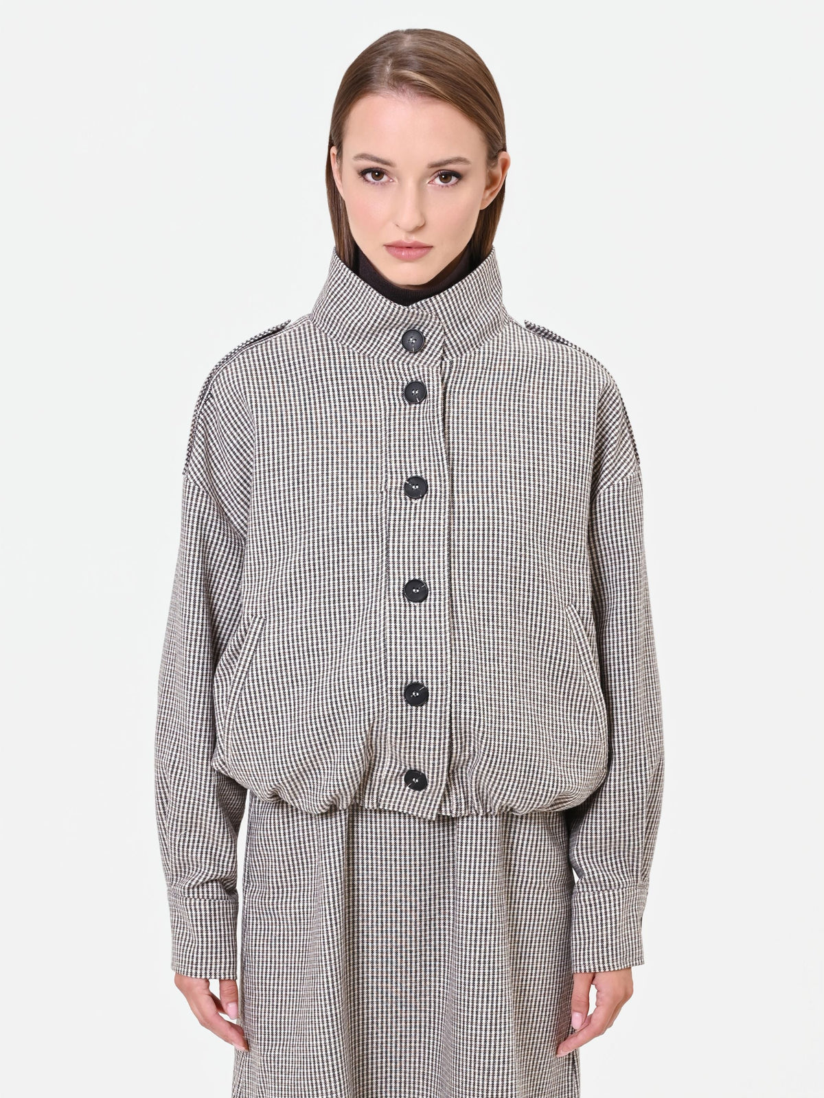 Capospalla blouson pied de poule tortora e beige