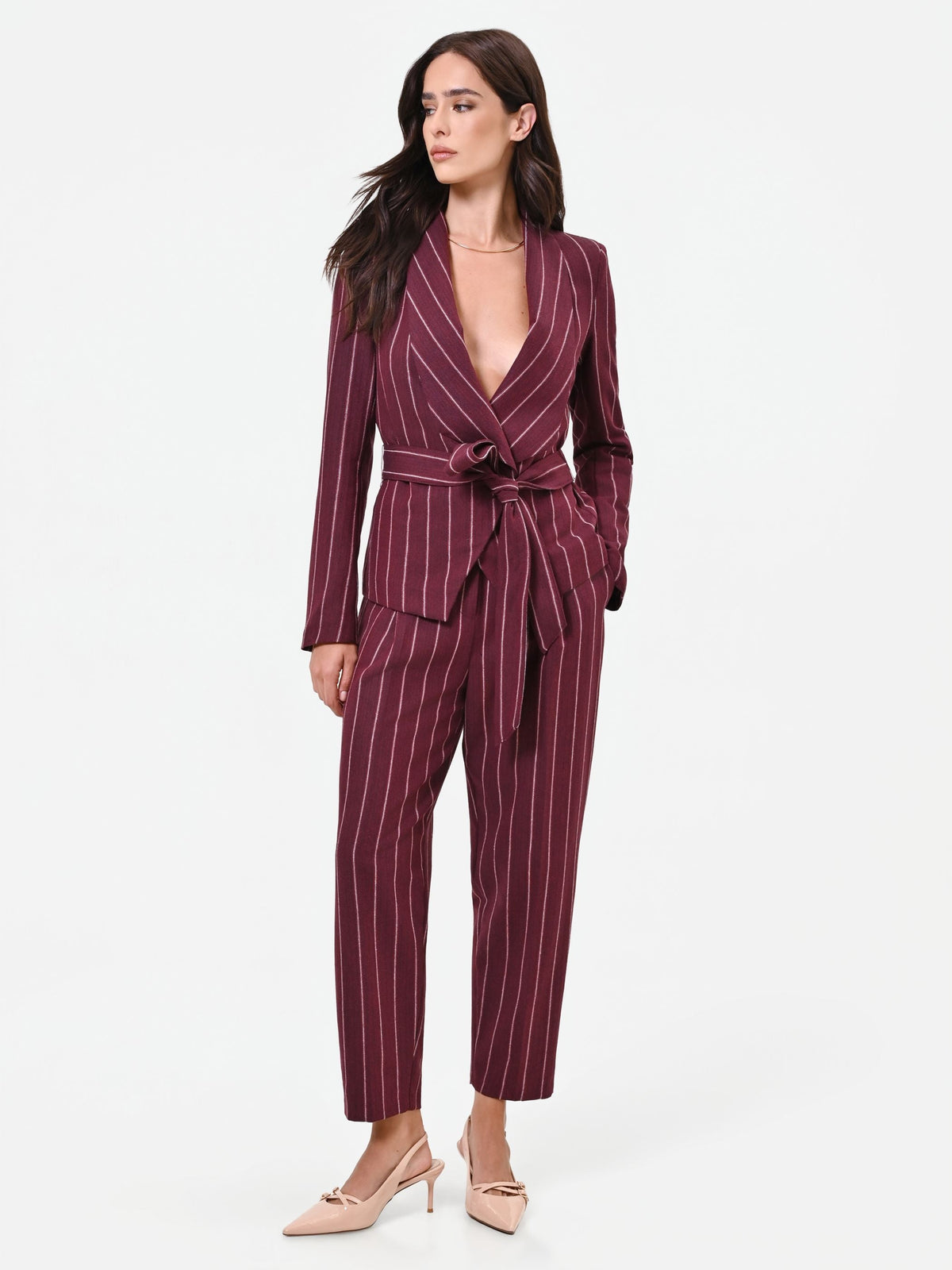 Pantalone cropped gessato rosso bordeaux
