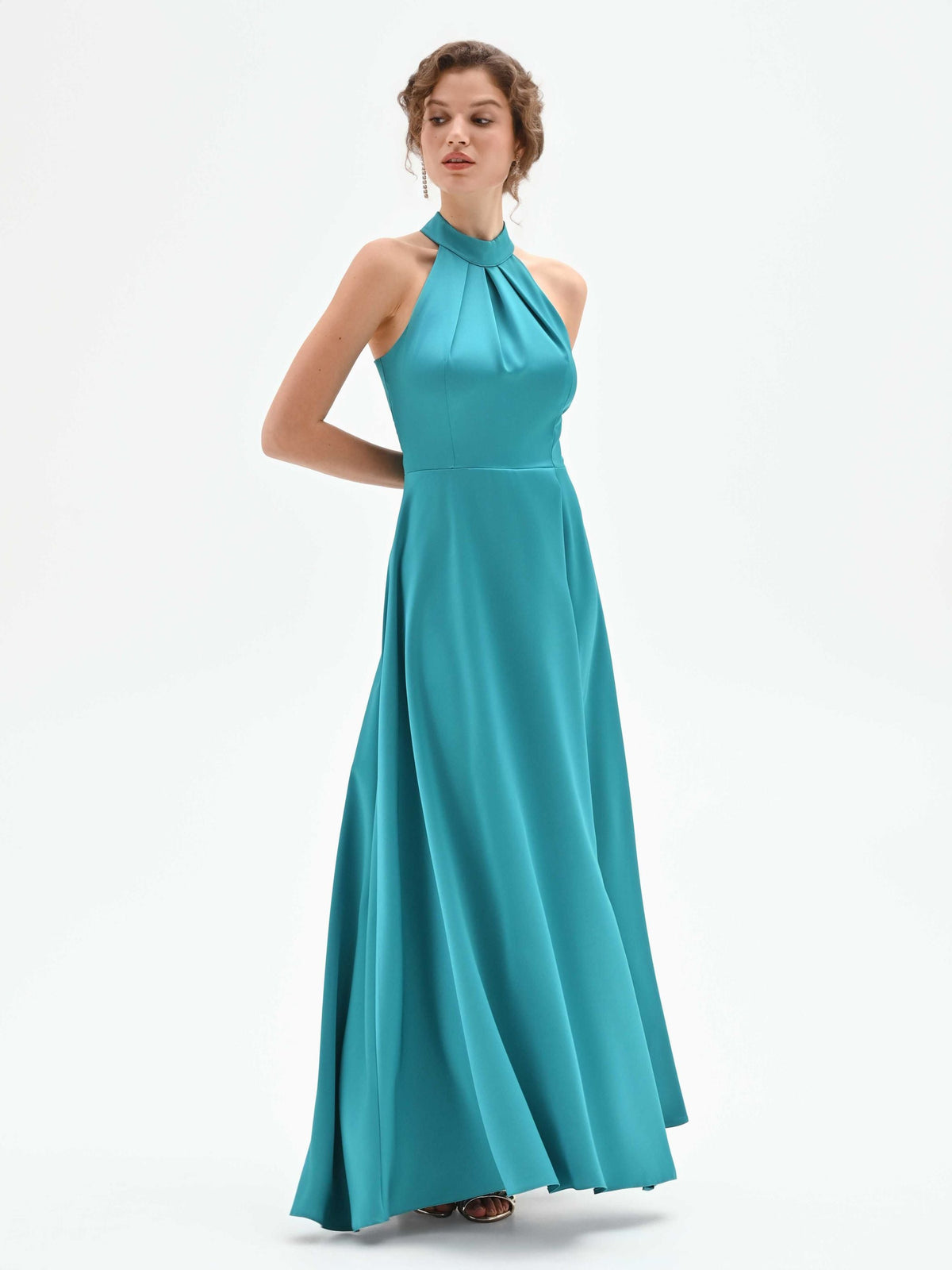 Abito lungo atelier verde smeraldo in raso con scollo all'americana