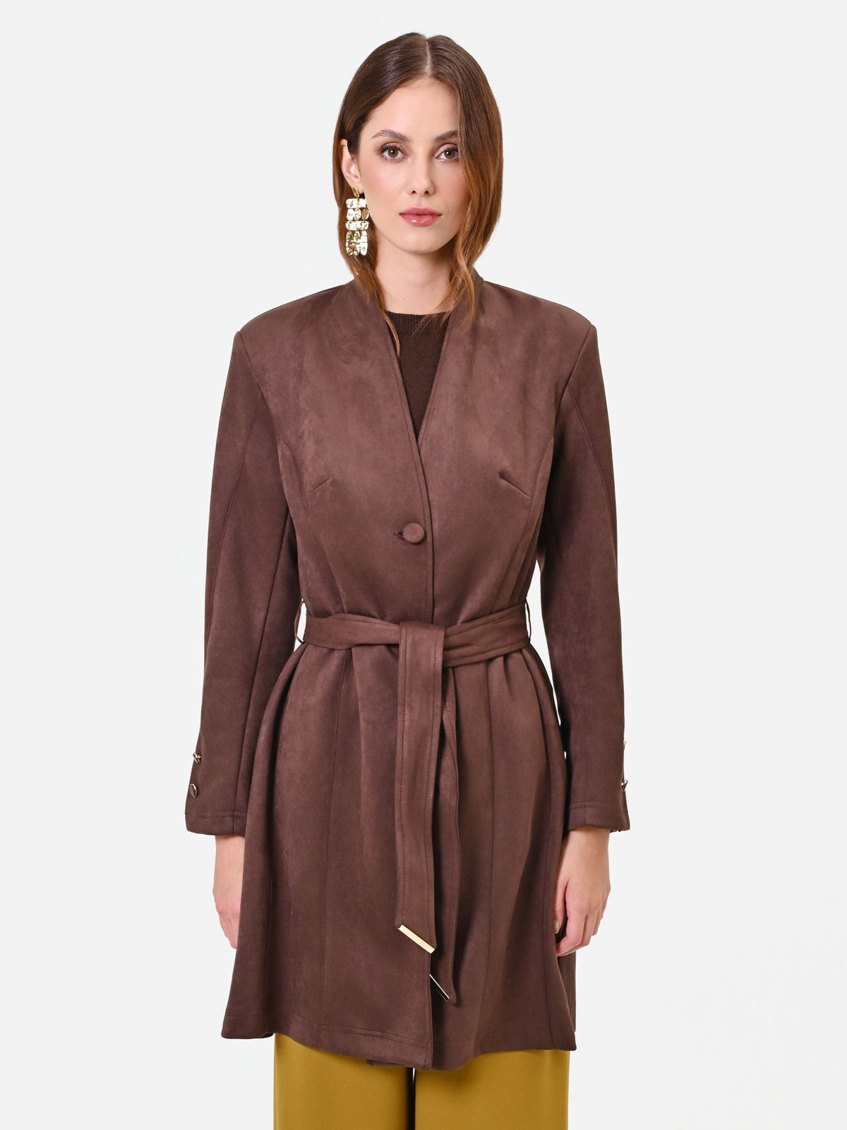 Trench marrone effetto scamosciato con cintura