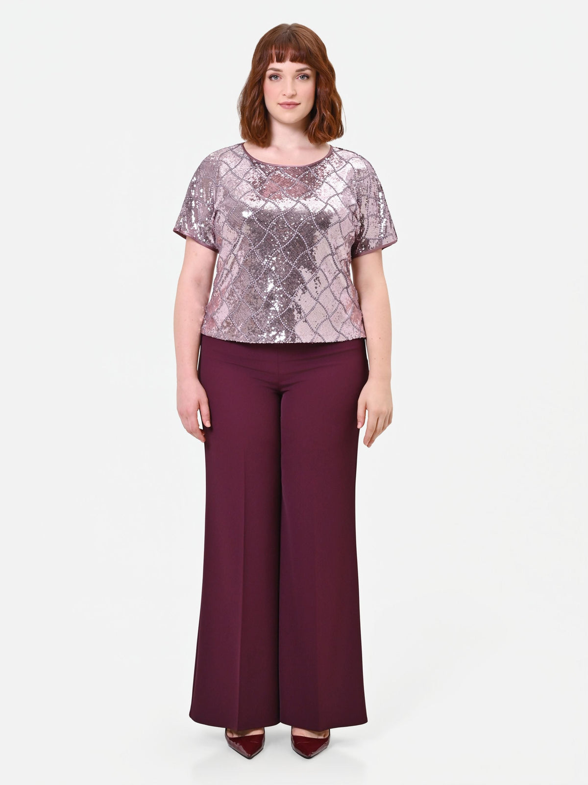 Blusa Curvy manica corta in paillettes rosa antico