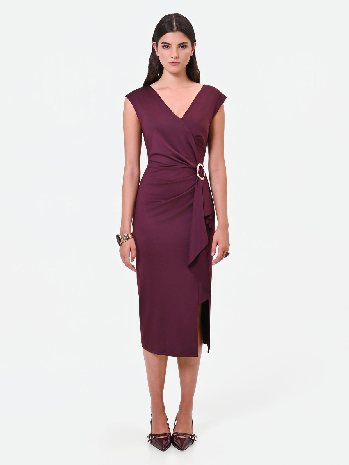 Abito midi drappeggiato bordeaux con fibbia