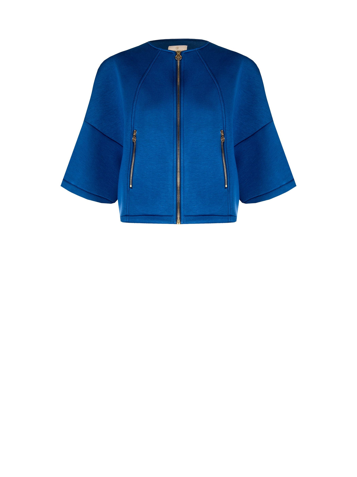 Capospalla cropped blu brillante con zip dorate