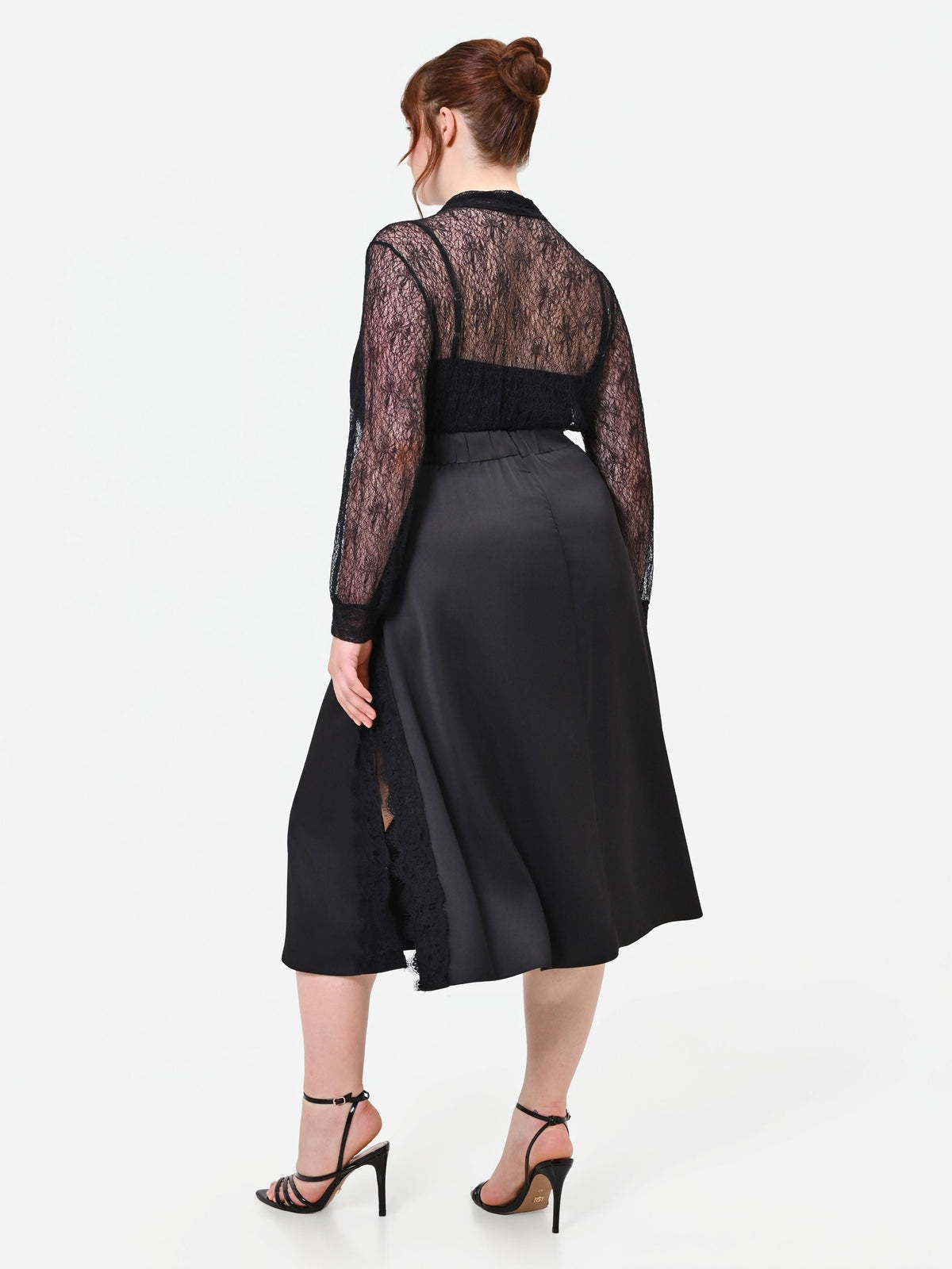 Gonna Midi Curvy in Raso con Inserti in Pizzo