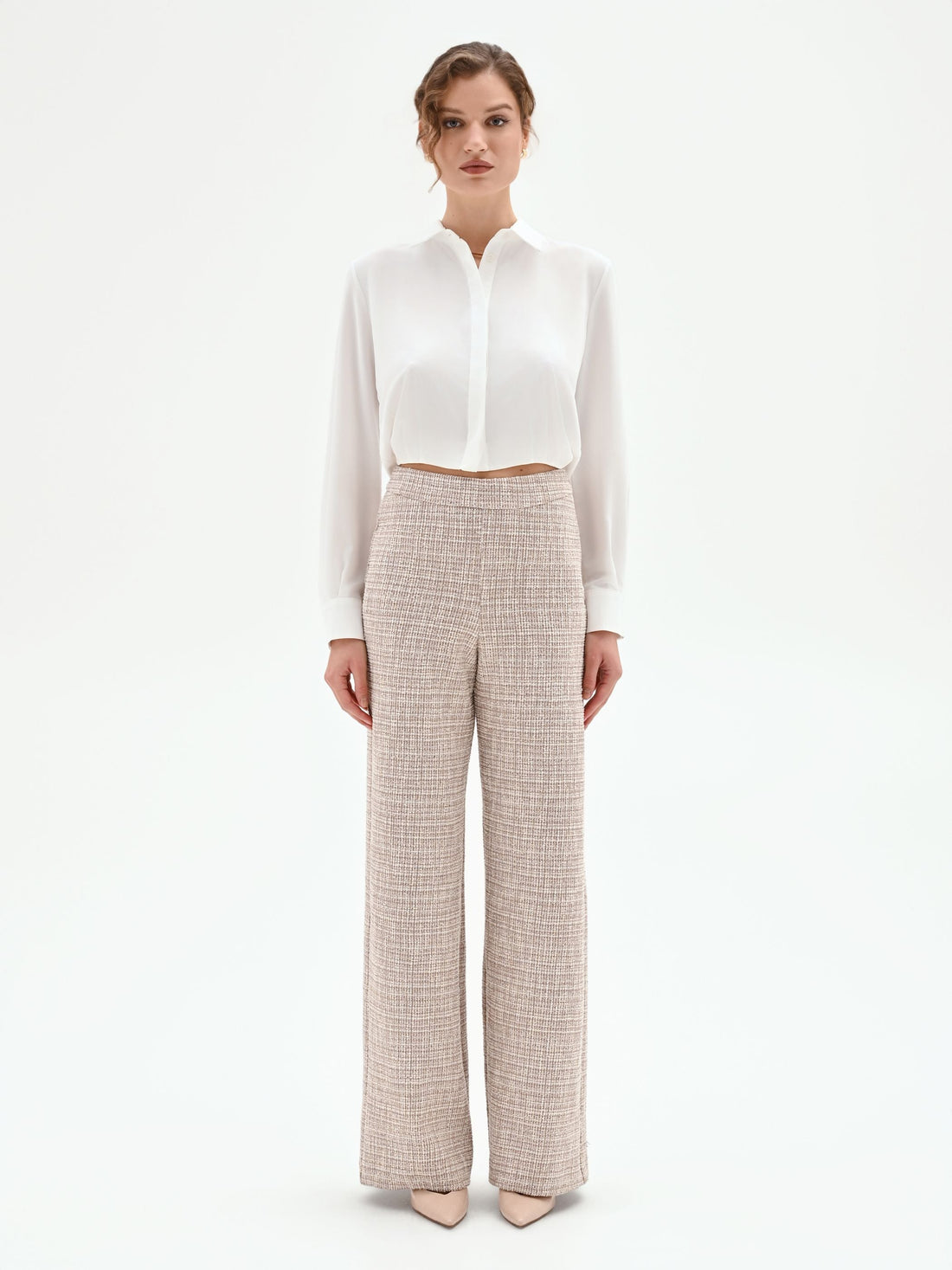 Pantalone a palazzo beige chiaro effetto tweed
