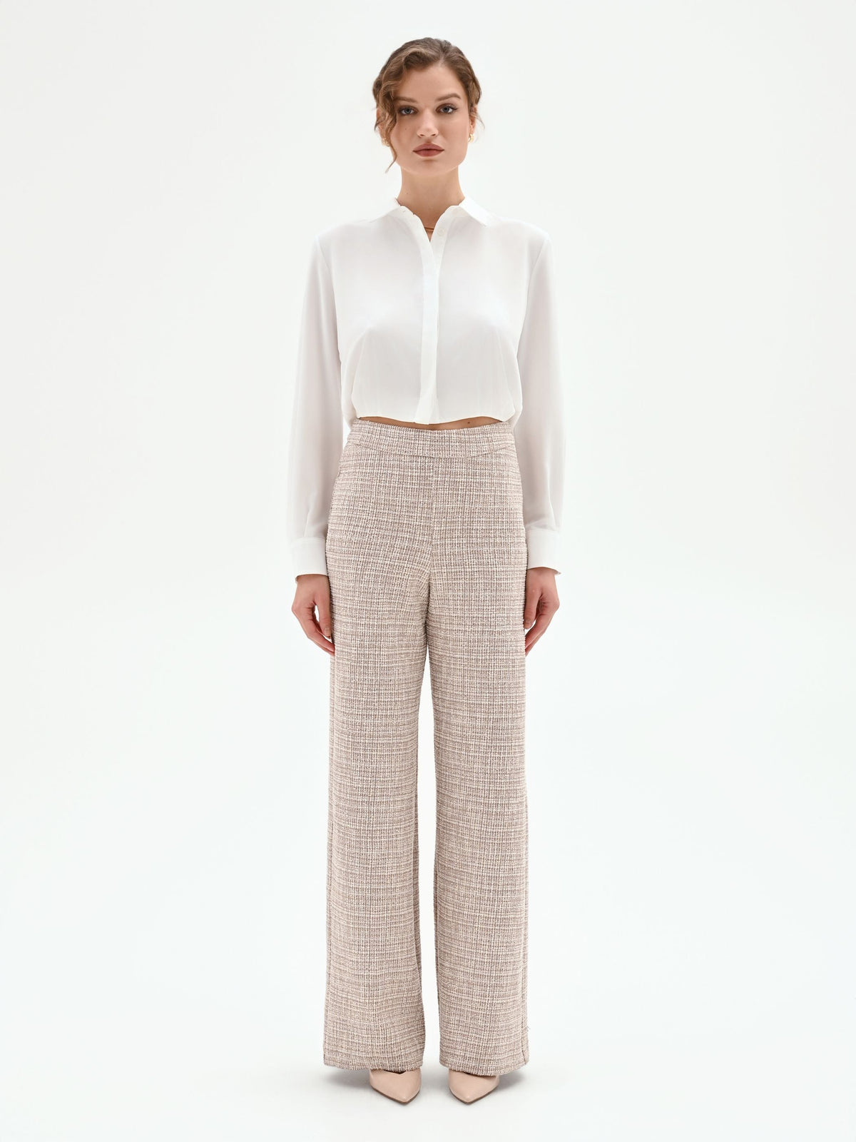 Pantalone a palazzo beige chiaro effetto tweed