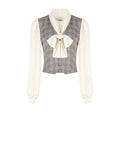 Blusa azzurra check con gilet e collo lavallière