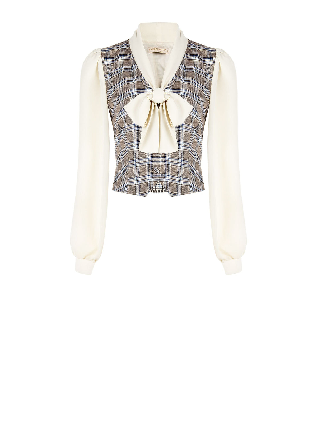 Blusa azzurra check con gilet e collo lavallière