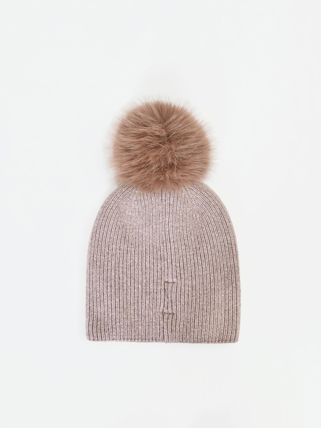 Cappellino tortora beige con cristalli e pompon