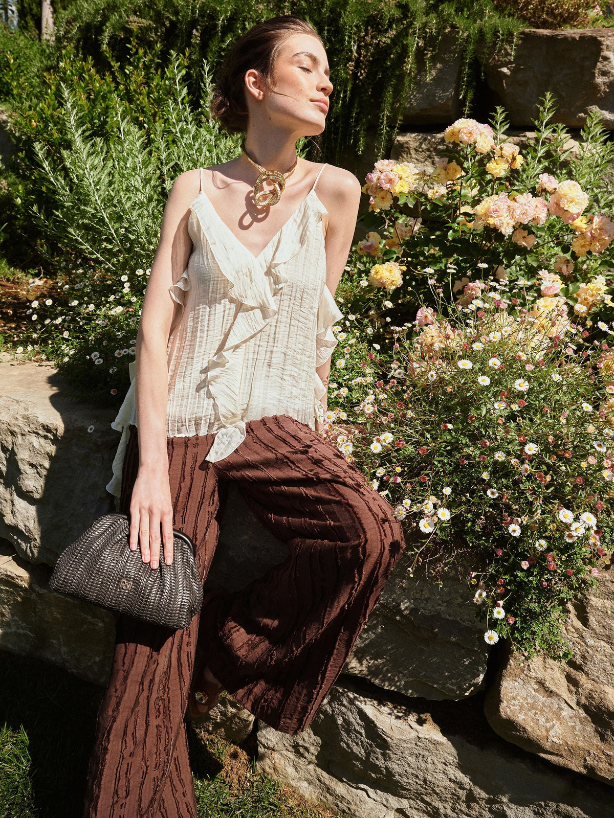 Pantalone a palazzo cioccolato in jacquard