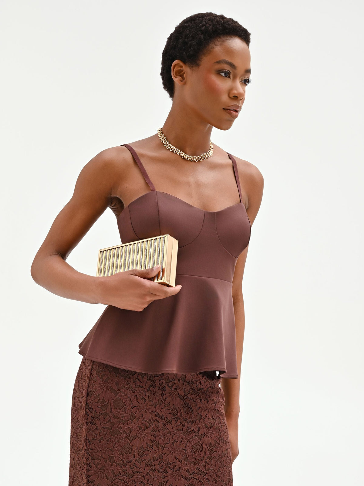 Top bustier in cotone color cioccolato con baschina
