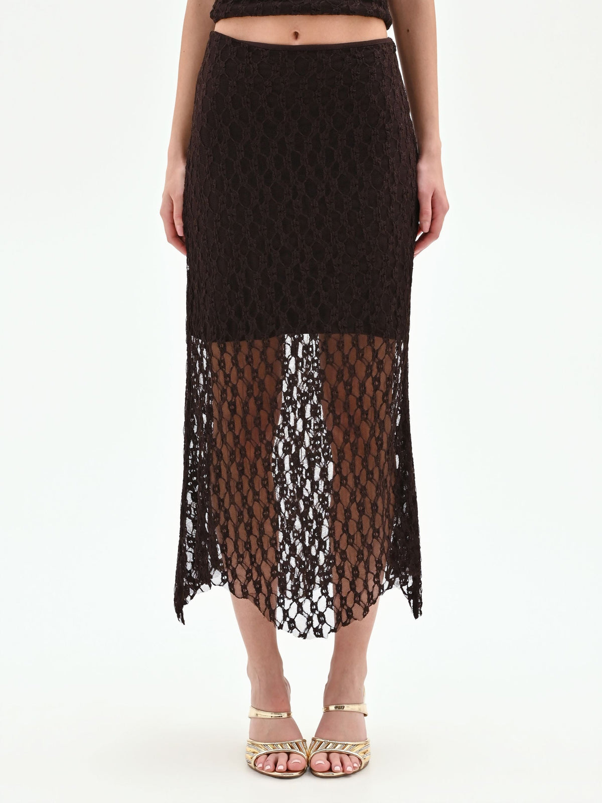 Gonna longuette in pizzo stretch cioccolato