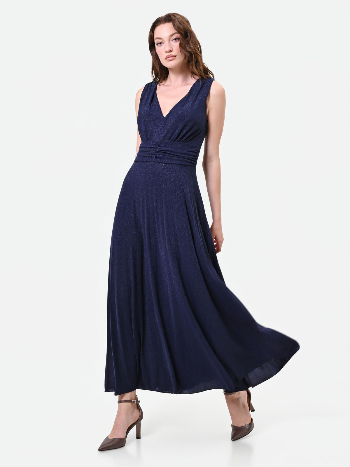 Abito lungo blu navy con drappeggio in vita