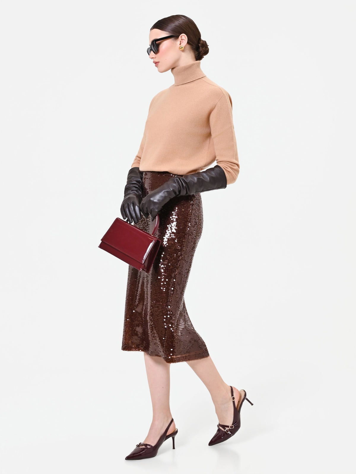 Gonna longuette marrone in paillettes