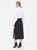 Gonna midi nera con spacco in tessuto jacquard