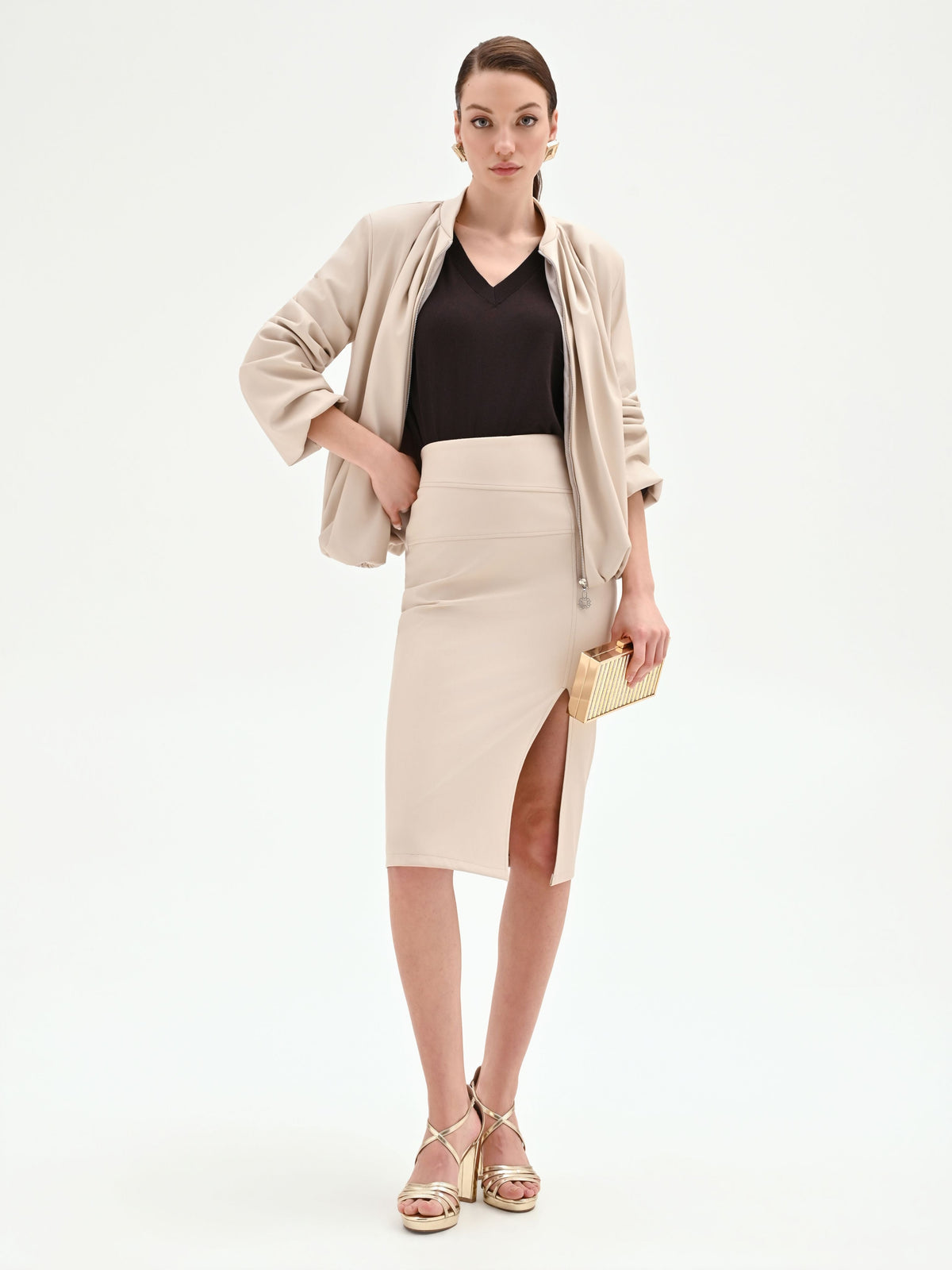 Gonna longuette tortora beige in similpelle