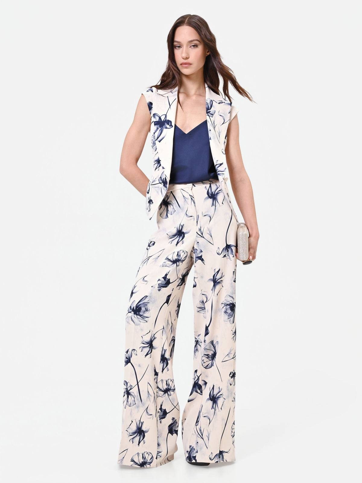 Pantalone a palazzo stampa floreale blu navy