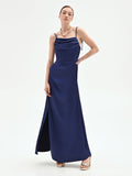 Abito atelier lungo blu indaco con corpetto drappeggiato