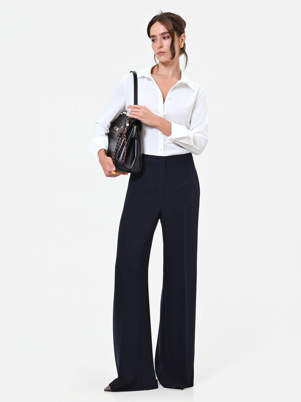 Pantalone Studio gessato a palazzo blu navy in crepe
