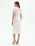 Abito midi bianco monospalla con drappeggi